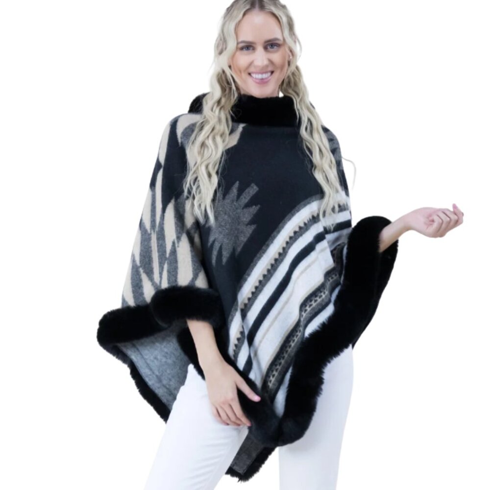 VERY MODA‎ Aztec Print Faux Fur Trimmed Western Poncho Black White Gray OS NWT